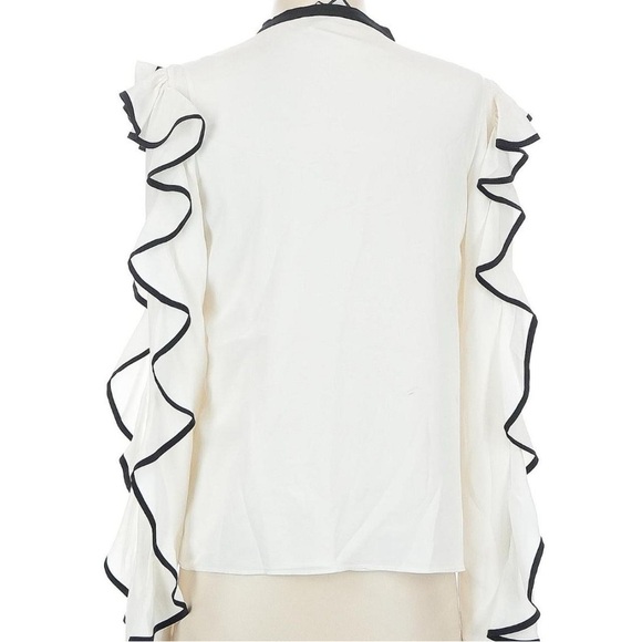 White Alexis Ruffle Sleeve Blouse w Black Trim - Picture 2 of 4